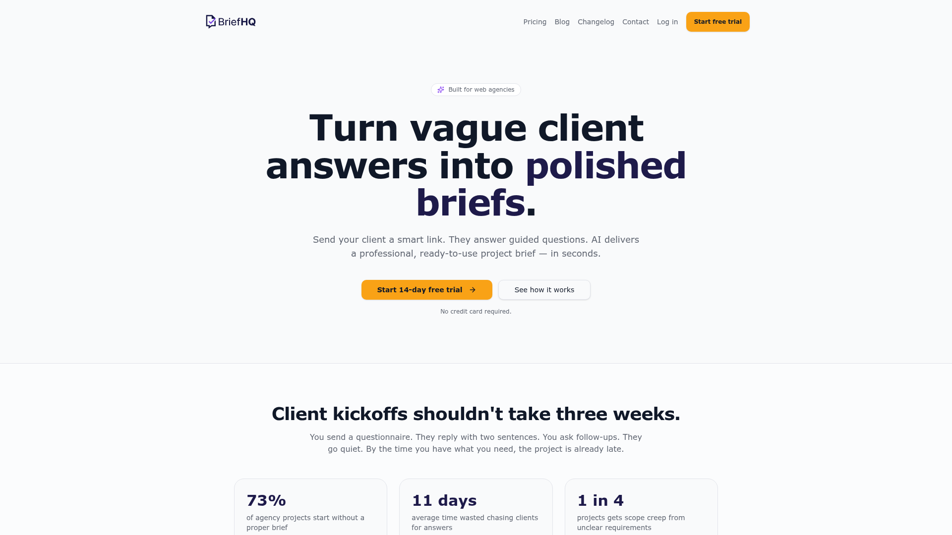 BriefHQ homepage showcasing AI-powered client brief generation for web agencies