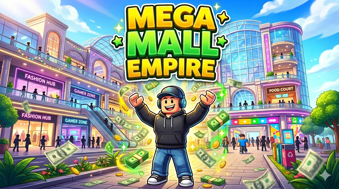 Mega Mall Empire promotional artwork featuring a vibrant shopping mall