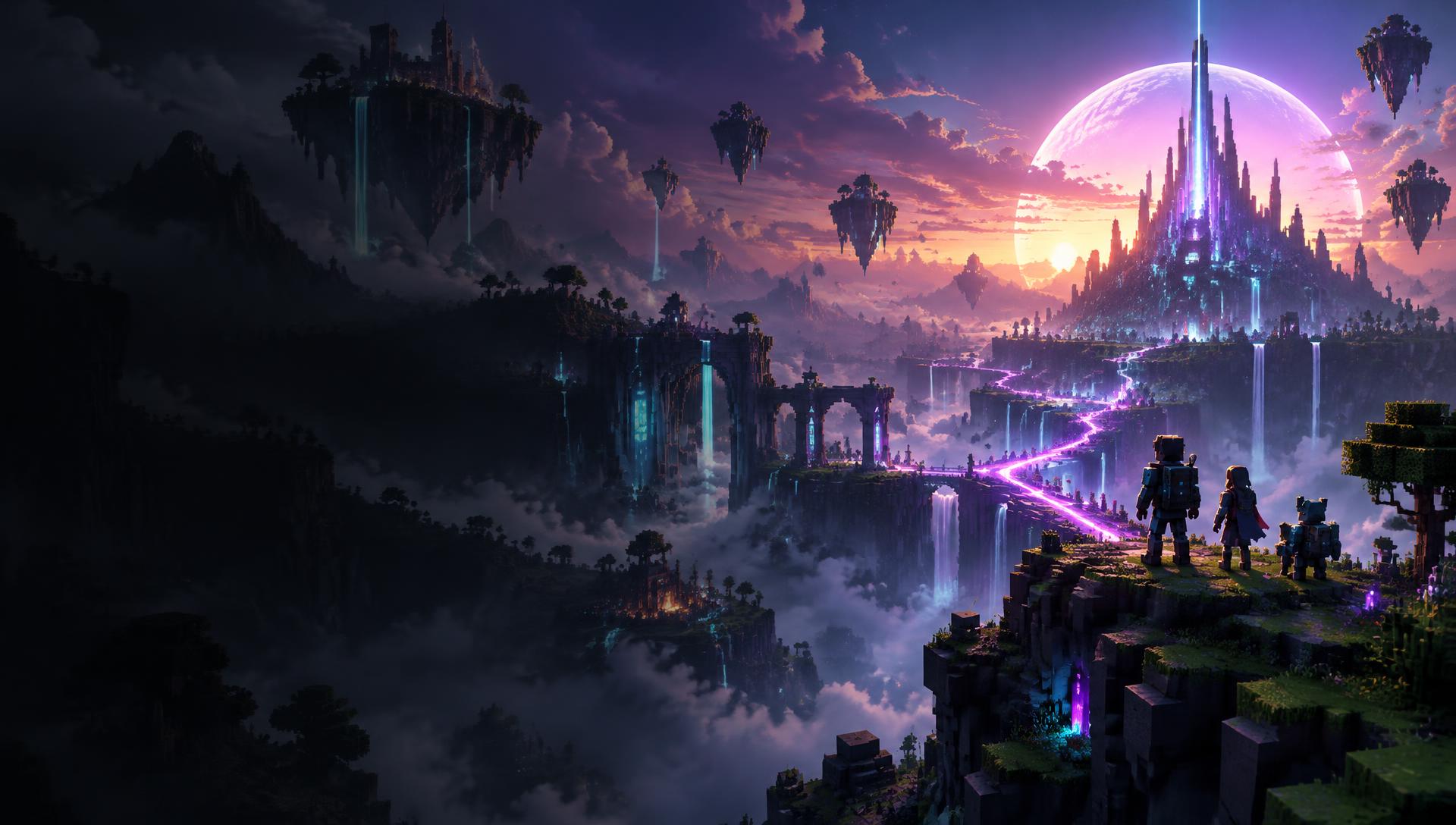 A vast stylized game world with floating islands and explorers looking toward a glowing horizon