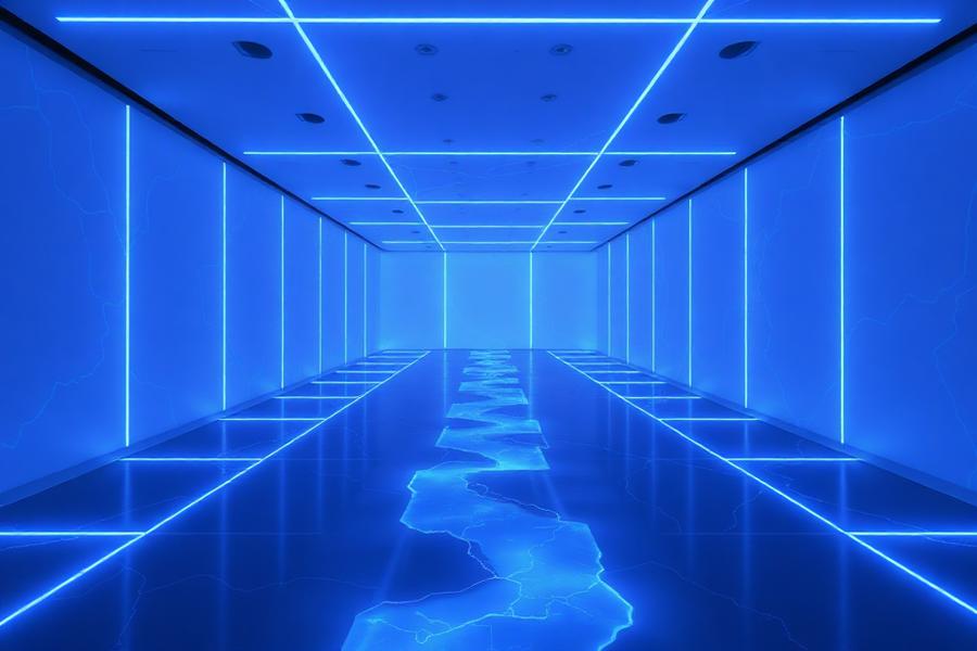Blue-lit interactive corridor representing Pulse Experience immersive design